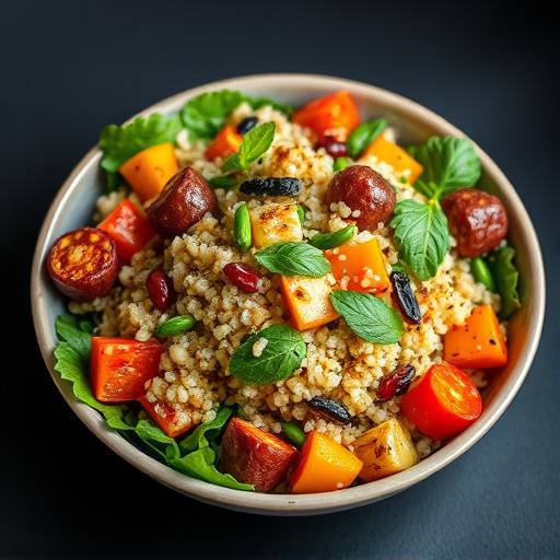 A plate of colorful quinoa salad with roasted vegetables
